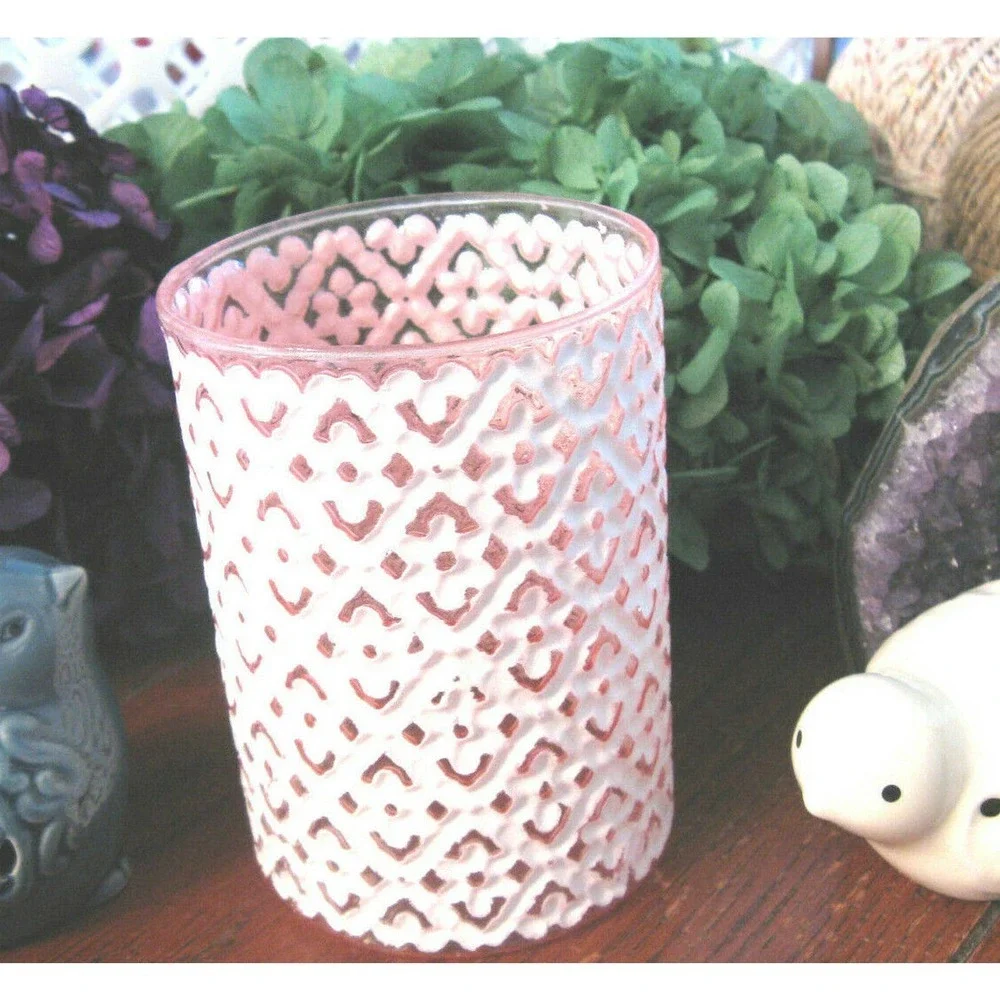 New Pink Cottage Ditsy Floral Glass Votive Tea Light Candle Holder 4” x 3”